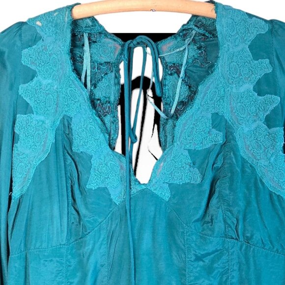 Free People Janelle V-Neck Lace Trim Corset-Style Blouse Teal Balloon Sleeves S - Picture 6 of 13
